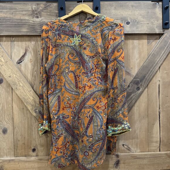 Raj 100% Silk Ladies Orange Boho Long Tunic Top Swim Cover Embroidered Med M - Picture 4 of 4